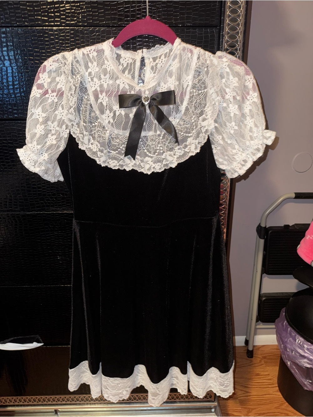 SHEIN Black Velvet Dress with White Lace Collar and Hem